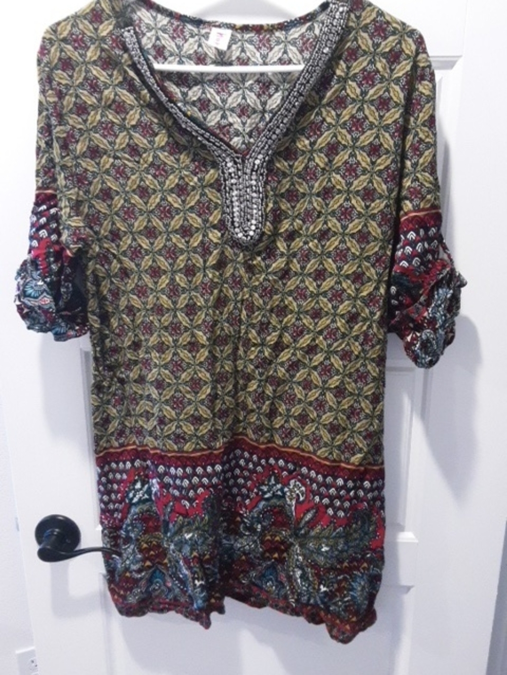 Patterned Embellished V-Neck Tunic Top - Red/Green/Blue